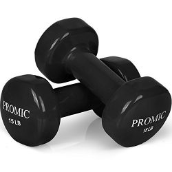 PROMIC 15 lb Hand Weights Deluxe Vinyl Coated Dumbbells (Sold in Pair) – 15 lb, Black