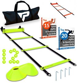 Pro Agility Ladder and Cones – 15 ft Fixed-Rung Speed Ladder with 12 Disc Cones for Soccer ...