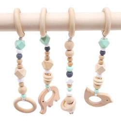 Baby Love Home 4pcs Wooden ring baby teether Activity Nursing Play Gym Silicone beads animal Pen ...