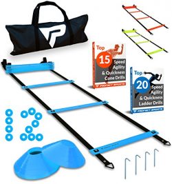 Pro Agility Ladder and Cones – 15 ft Fixed-Rung Speed Ladder with 12 Disc Cones for Soccer ...