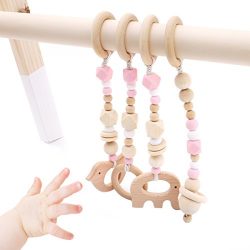 Baby Love Home 4pcs Wooden ring baby teether Activity Nursing Play Gym Silicone beads animal Pen ...