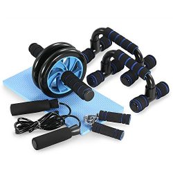 TOMSHOO 5-in-1 AB Wheel Roller Kit With Push-Up Bar Jump Rope Hand Gripper And Knee Pad For Gym  ...