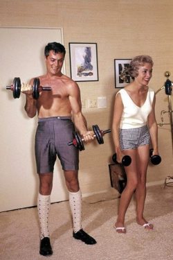 Tony Curtis and Janet Leigh lifting weights working out gym bare chested 11×17 Mini Poster