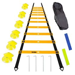 TOCO FERIDO 20ft Agility Ladder Set with 12 Rungs, 12 Sports Disc Cones, 4 Metal Pegs, 2 Resista ...