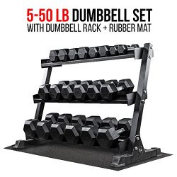 Rep 5-50 lb Rubber Hex Dumbbell Set with Rack and Free Rubber Mat