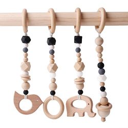 Baby Love Home 4pcs Wooden ring baby teether Activity Nursing Play Gym Silicone beads animal Pen ...