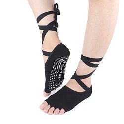 Chartsea Women Socks for Yoga Socks Women Toeless Lace-up Non Slip Pilates Barre Ballet (black)