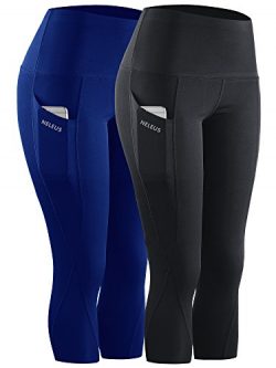 Neleus 2 Pack Tummy Control High Waist Workout Yoga Capri Leggings,9027,Black,Blue,US L,EU XL