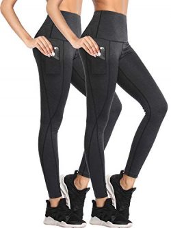 Neleus Women’s 2 Pack Tummy Control High Waist Leggings with Two Pockets,102,Black,Black,US M