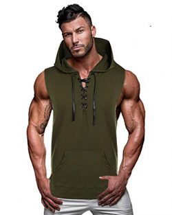 COOFANDY Men’s Workout Hooded Tank Tops Sleeveless Gym Hoodie Cut Off T Shirt Lace-up Body ...