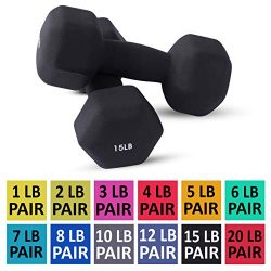 Neoprene Dumbbell Pairs by Day 1 Fitness – 15 Pounds – Non-Slip, Hexagon Shape, Colo ...