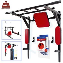 Wall Mounted Pull Up Bar and Dip Station with Vertical Knee Raise – Multi-Grip Chin Up Bar ...