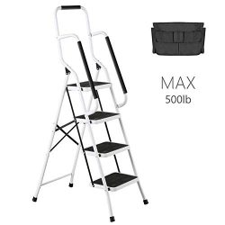 4 Step Ladder Tool Ladder Folding Portable Steel Frame MAX 500 lbs Non-Slip Side armrests Large  ...