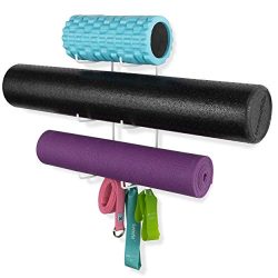 Wallniture Guru Wall Mount Yoga Mat Foam Roller and Towel Rack with 3 Hooks for Hanging Yoga Str ...